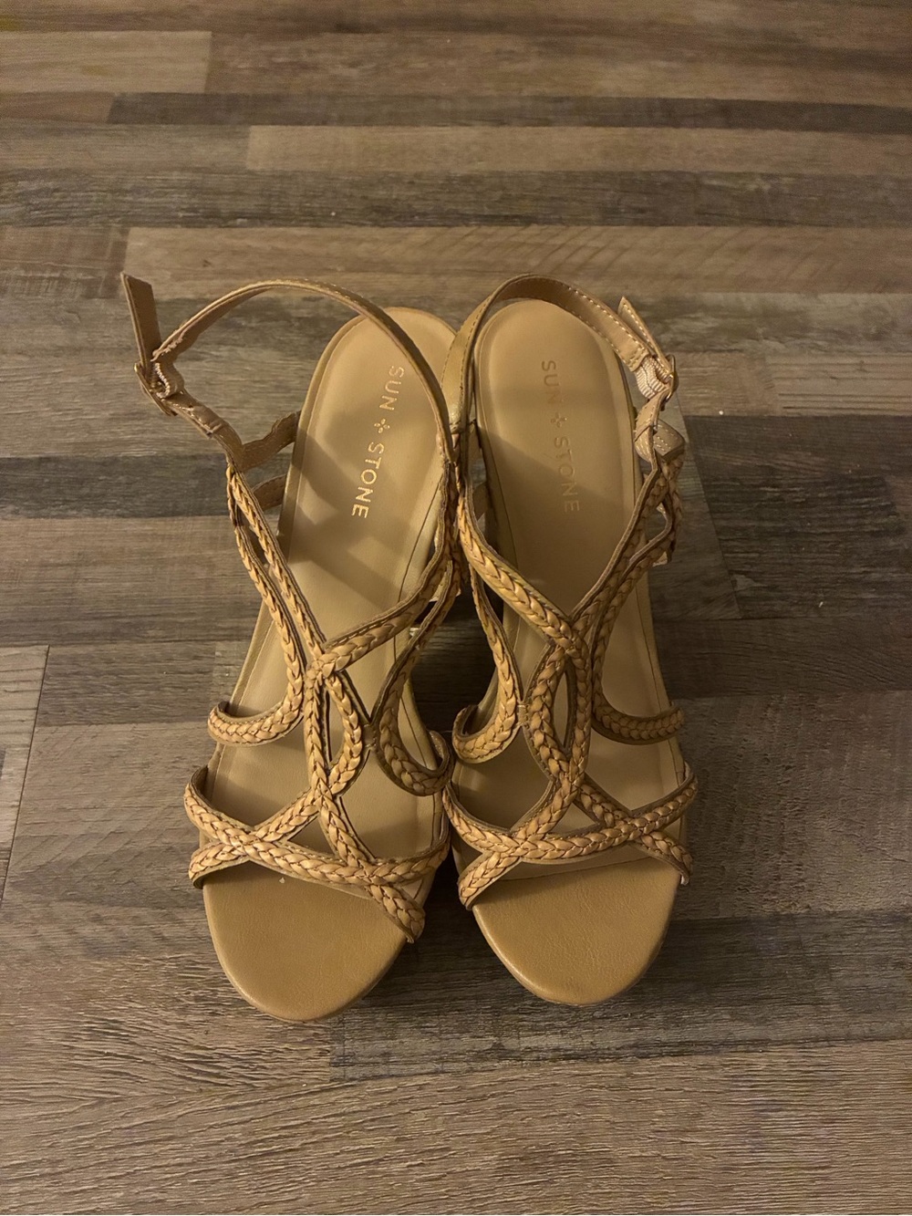 Sun + Stone Braided Tan Strappy Heeled Sandals